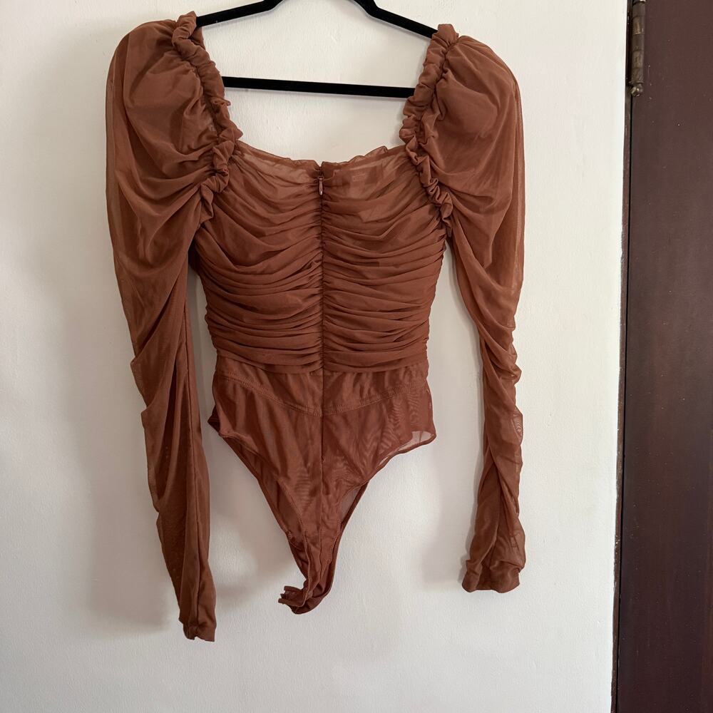 HOUSE OF CB | Emme Mesh Long Sleeve Brown Bodysuit Mocha | Medium - Picture 6 of 6